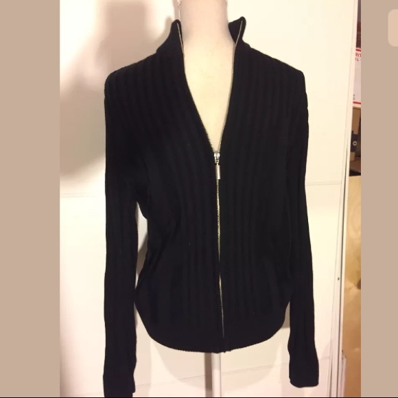 MEV Collection Other - Black ribbed wool zip up knit sweater cardigan L